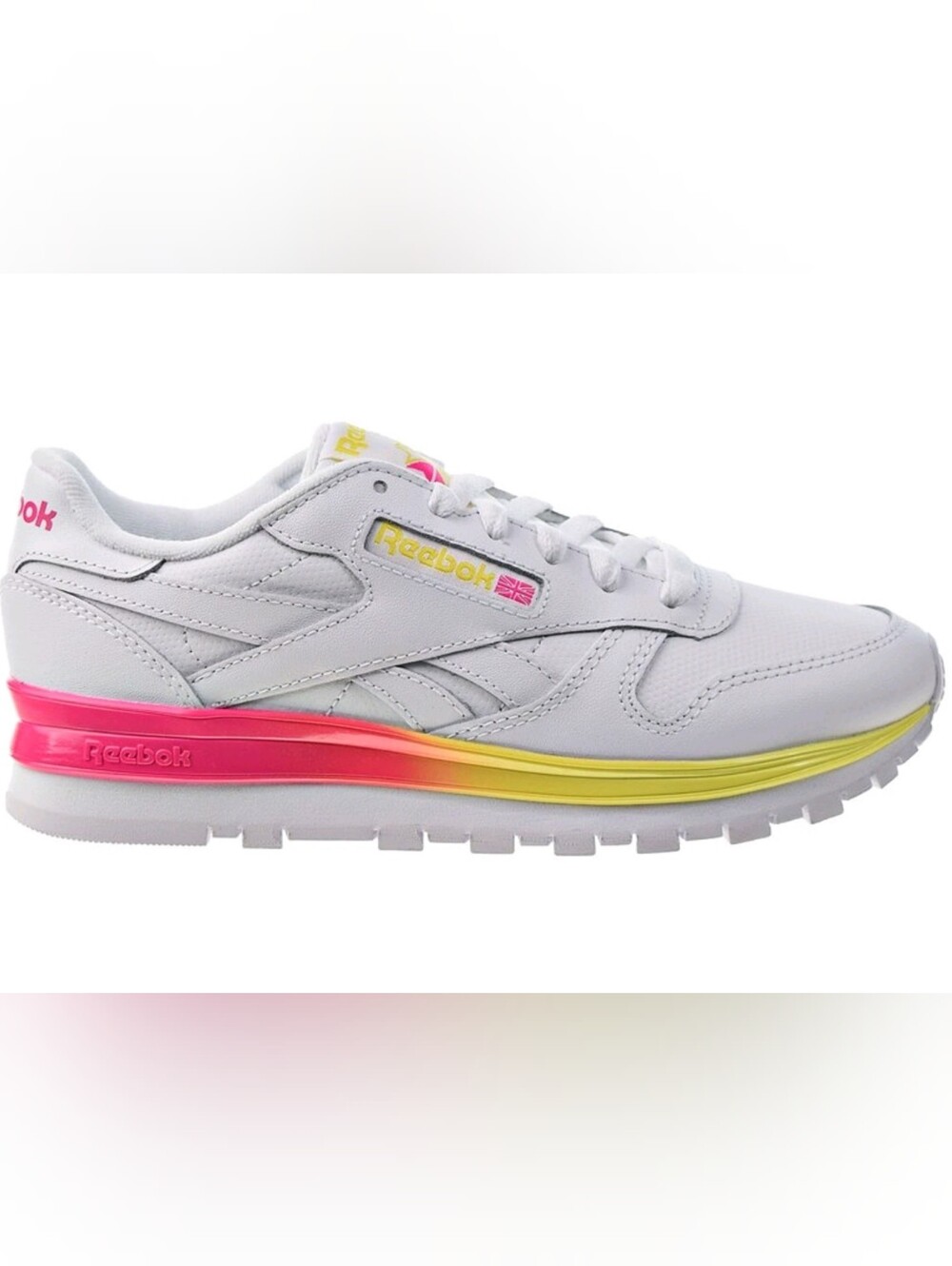 Women's Size 11 Reebok White Leather Sneaker with Pink and Yellow Gradient Sole